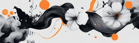 Spring-themed artwork features delicate grayscale flowers intertwined with fluid black lines and vibrant orange circles, creating a balanced composition.の素材