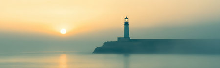 Gentle morning light casts a pastel teal hue on a lighthouse as it rises from a rocky coastline. The sun slowly ascends, creating a tranquil atmosphere over the still waters.の素材