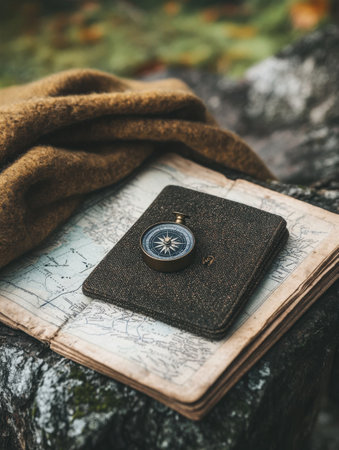 A vintage compass sits on an aged map, surrounded by nature's elements. A cozy blanket adds warmth to the rustic outdoor scene, evoking a sense of adventure and exploration.の素材
