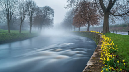 Soft mist envelops the riverside, where water flows gently past blooming yellow flowers. Trees line the bank, creating a serene atmosphere in the early morning light.の素材
