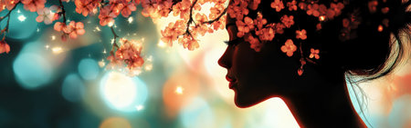 A woman stands in profile, her features softly illuminated by the warm glow of cherry blossoms overhead. The gentle light creates an enchanting atmosphere in a peaceful garden during twilight.の素材