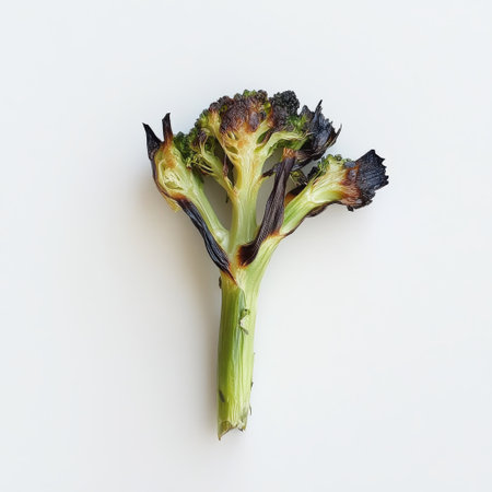 A single roasted broccoli floret is displayed, featuring charred edges that highlight the flavorful cooking technique.の素材