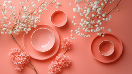 Coral plates and bowls are arranged beautifully with delicate white flowers in this elegant dining setup, perfect for intimate gatherings and celebrations.の素材