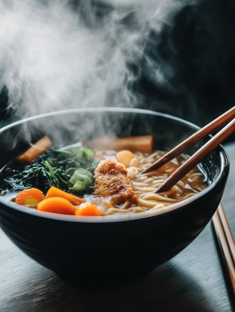 A close-up view reveals a steaming bowl of ramen filled with noodles, vibrant vegetables, and a crispy topping, inviting warmth and comfort in the setting.の素材