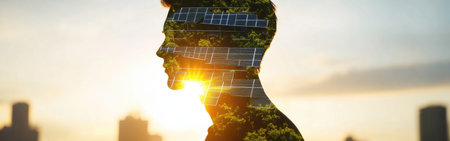 An illuminated outline of a man showcases solar panels and greenery, symbolizing the harmony between human potential and sustainable energy at sunset in a city setting.の素材