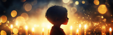A child sits in profile against a luminous background filled with warm candlelight and sparkling bokeh. The moment captures a sense of wonder and tranquility during dusk.の素材