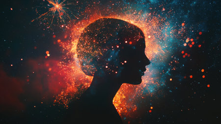 A striking silhouette of the American flag emerges against a brilliant cosmic backdrop filled with colors and lights, symbolizing hope and unity in celebration of freedom.の素材