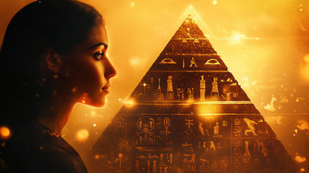 A luminous woman gazes thoughtfully toward a majestic pyramid, adorned with ancient symbols, illuminated by a warm golden glow that enhances the mystical atmosphere.の素材
