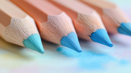 Colored pencils lay in a row, their tips lightly dipped in teal, with soft strokes blending into a faint background. The artistic arrangement evokes tranquility and creativity.の素材