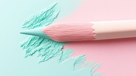 A pencil with a soft pink and green gradient rests against a pastel background, illustrating an artistic concept of minimalism. The rough texture adds depth and interest.の素材