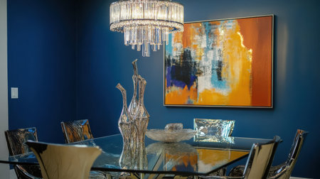This stylish dining area showcases a glass-top table surrounded by modern chairs, accented by a striking chandelier and vibrant artwork on the blue wall.の素材