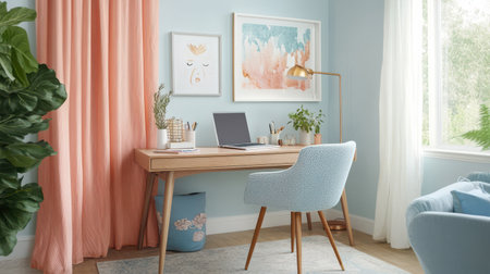 A home office filled with warmth from pastel coral walls, a chic desk supporting a laptop, and decorative artwork, creating an inviting workspace during daylight.の素材