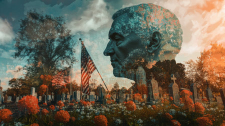 A veteran's face merges with the tranquil image of a cemetery adorned with flags and flowers, symbolizing honor and remembrance for those who served.の素材