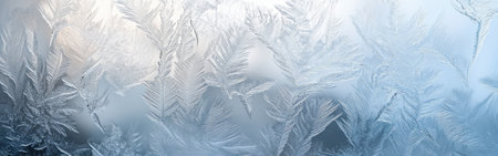 The smooth gradient background displays delicate frost patterns created by icy temperatures. Soft light enhances the cool blue hues, offering a serene and tranquil atmosphere.の素材