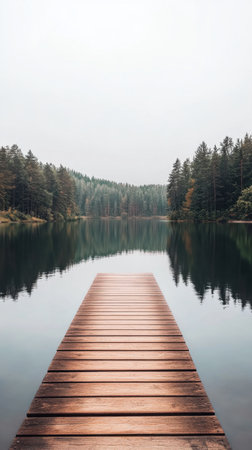 A wooden pier stretches peacefully into a still lake, reflecting the surrounding trees. The quiet morning atmosphere creates a sense of calm and connection with nature.の素材