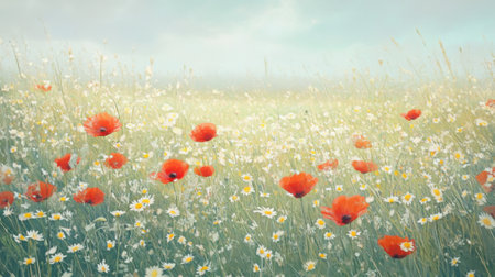 A serene spring field showcases a variety of colorful flowers, including bright red poppies and delicate daisies, under a gentle blue sky. The natural landscape exudes tranquility.の素材