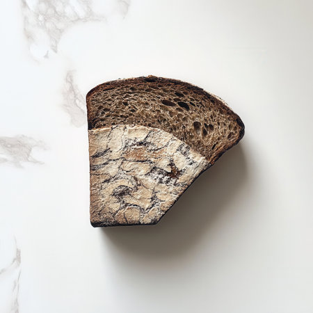 A slice of dark rustic rye bread rests on a light marble surface, highlighting its dense texture and earthy color. This simple presentation emphasizes the bread's artisanal qualities.の素材