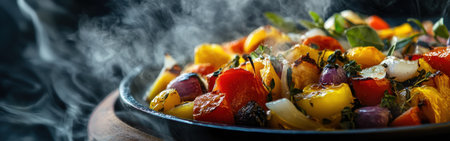 A selection of colorful roasted vegetables, including bell peppers, onions, and herbs, emits steam, highlighting their freshness and flavor. This culinary display invites the senses.の素材