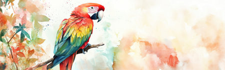 A vibrant parrot sits gracefully on a branch, showing a stunning array of colors. The background features a beautiful watercolor design evoking a tropical atmosphere filled with lush foliage.の素材