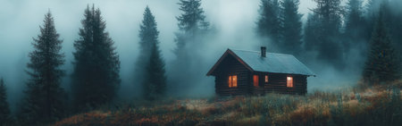 Nestled in a fog-laden forest, a charming wooden cabin glows warmly from within, contrasting the cool morning mist enveloping the tall evergreen trees.の素材
