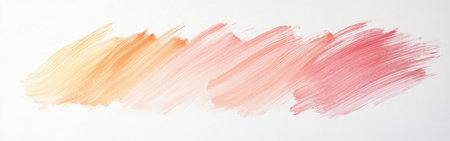 Soft brush strokes create a delicate gradient of warm pastel colors ranging from light orange to soft pink on a clean white canvas, embodying a minimalist style and artistic tranquility.の素材
