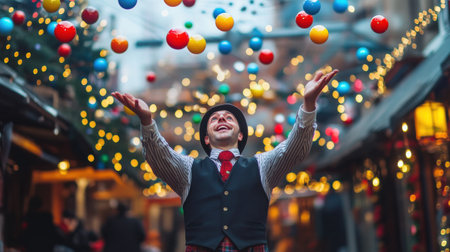 A skilled street performer captivates the crowd by juggling colorful balls in a bustling market setting, surrounded by twinkling festive lights and decorations.の素材