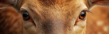 Close-up view reveals a deer's face with striking eyes and soft fur, highlighting its gentle expression and the natural beauty of wildlife.の素材