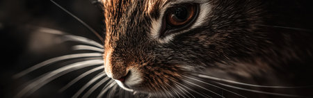 A stunning macro shot reveals the intricate details of a rabbit's face, highlighting its long whiskers and deep, expressive eyes against a dark background, evoking a sense of curiosity.の素材