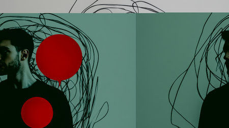 A young man stands thoughtfully with his head turned slightly, surrounded by bold red circles and flowing line patterns on a neutral wall. The minimalist setting enhances the focus on expression.の素材