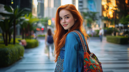 A young woman with long red hair walks along a bustling city street, smiling while holding a colorful bag. The warm glow of sunset reflects off the tall buildings around her.の素材