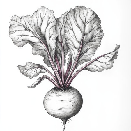Detailed illustration showcases a fresh beetroot complete with vibrant leafy greens. The artwork highlights the natural textures and shapes of this nutritious vegetable, emphasizing its garden origin.の素材