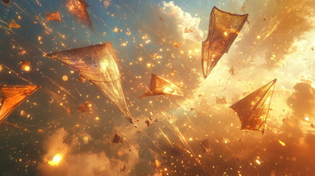 Colorful kites engage in energetic battles against a backdrop of a stunning sunset, with clouds illuminated in warm hues and the atmosphere alive with excitement.の素材