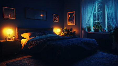 The space features deep navy walls, dark bedding, and warm lighting from lamps. A window with sheer curtains frames potted plants, enhancing the calming ambiance.の素材