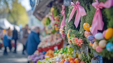 Vendors showcase an array of Easter decorations, including colorful eggs and floral wreaths, creating a festive atmosphere full of joyful shoppers enjoying the spring day.の素材