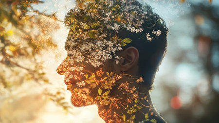 A man stands illuminated, his glowing silhouette merged with floral patterns. Sunlight filters through leaves, creating a magical atmosphere filled with spring colors and warmth.の素材