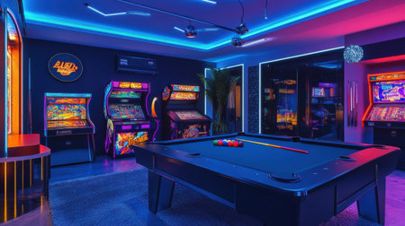 Brightly lit game room showcases a stylish pool table surrounded by neon accents. Classic arcade machines line the walls, creating an inviting atmosphere for friendly competition.の素材