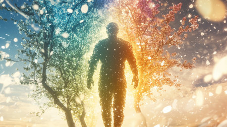 A man radiates a captivating glow as he walks between two vividly colored trees in a surreal landscape.の素材