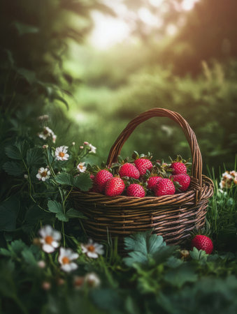 Close-up view of a wicker basket brimming with ripe strawberries, set against a backdrop of vibrant greenery and delicate white flowers in a sunlit grove.の素材