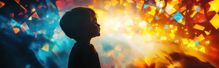 A child stands in profile against a backdrop of dynamic light patterns. The vivid colors create a magical aura, enhancing the child's glowing presence. The atmosphere feels enchanting and whimsical.の素材