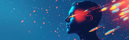 A striking profile of a man against a vivid blue background showcases colorful streaks symbolizing ideas and creativity, evoking a sense of wonder and inspiration.の素材