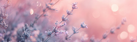 Delicate lavender flowers gracefully reach towards the soft light, enhancing the enchanting gradient backdrop of pink and purple colors at dawn. The tranquil atmosphere invites serenity.の素材