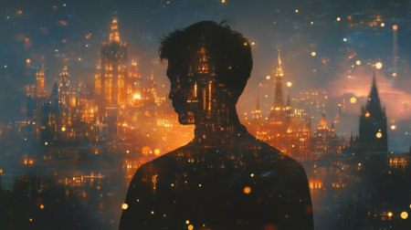 A man's silhouette stands against a vibrant city skyline illuminated with lights at dusk. The scene blends fantasy and reality with a magical atmosphere and glowing elements.の素材