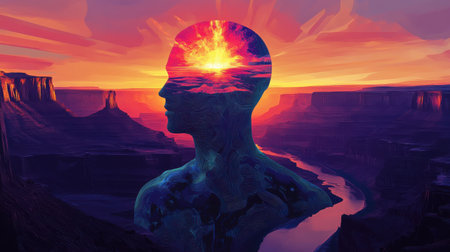 A silhouette of a man emerges against a stunning landscape at sunset, blending natural elements that evoke contemplation and connection to the environment.の素材