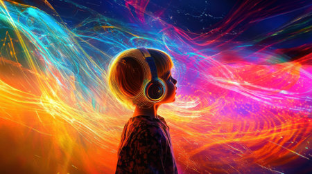 A child stands in profile, wearing glowing headphones that radiate bright colors. The background features swirling patterns of light, creating a magical atmosphere of creativity and joy.の素材