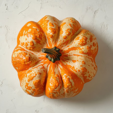 A vibrant orange pumpkin features a textured surface with distinctive bumps and grooves, showing natural beauty often used in seasonal decor for autumn festivities and celebrations.の素材