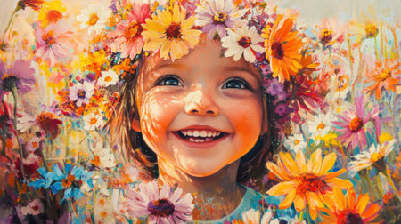 A child's face radiates joy, illuminated by sunlight and framed by a crown of bright flowers. The warm smile and playful spirit capture the essence of childhood in nature's embrace.の素材