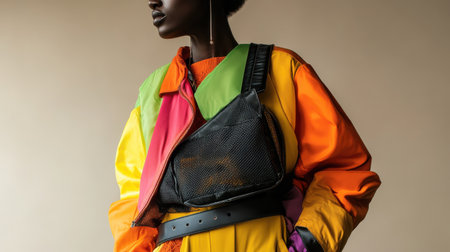 Subject is showcasing a bold and vibrant oversized outfit with colorful layers, set in a minimalistic background. The unique style highlights contemporary fashion trends.の素材
