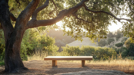 A serene meditation bench made of natural wood is placed beneath a sprawling tree. Soft sunlight filters through the leaves, creating a tranquil space perfect for contemplation at dusk.の素材