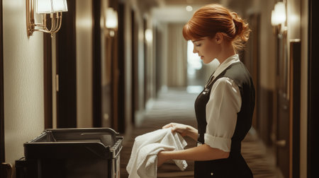 Red-haired housekeeping staff member prepares to place freshly laundered towels in a cart while working diligently in a hotel corridor during the morning shift.の素材