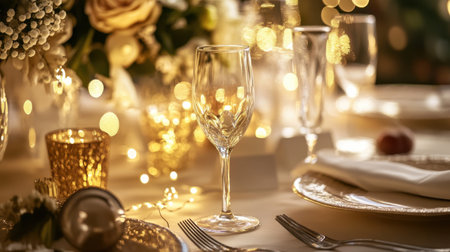 A sophisticated gala takes place in the evening to honor Women's Day. Decorated tables feature glimmering lights, flowers, and fine dining arrangements, creating a festive ambiance.の素材